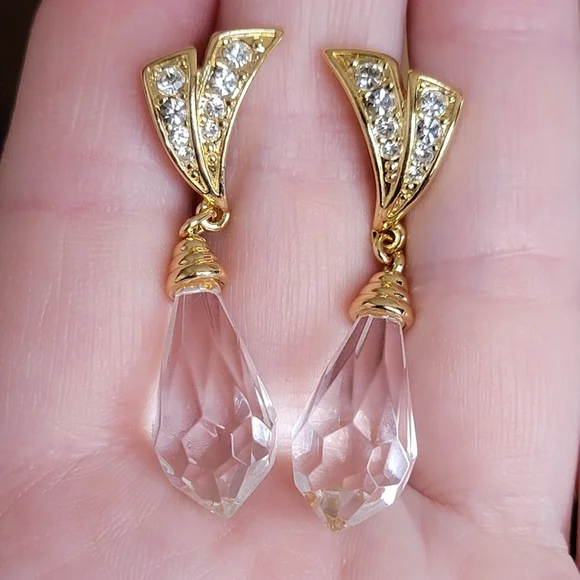 Vintage Gold Tone Earrings Crystal Teardrop #2271 - Picture 9 of 10